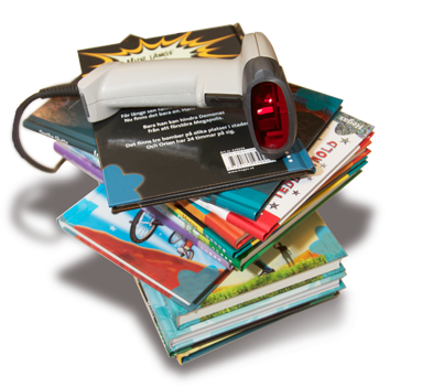 En bokscanner på en hög böcker